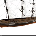 Detailed Wooden Sailing Ship with Multiple Masts and American Flag on Deck