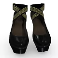 Elegant Black Platform High Heels with Crisscross Straps and Gold Accents