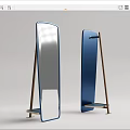 Modern Full Length Standing Mirror With Wooden Frame Blue Silver Finish And Bottom Shelf