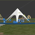Garden Landscape with Triangular Tents Central Large Tent Blue Circular Path and Stone Paths 3d model