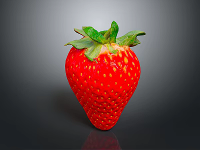 Juicy Red Strawberry With Fresh Green Leaves On Shiny Dark Background 3d model