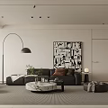 Modern Living Room Interior With Black Leather Sofa Brown Pillows Abstract Mural And Floor Lamp