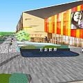 Modern Commercial Complex Exterior With Plaza Greenery And Large Digital Screen 3d model