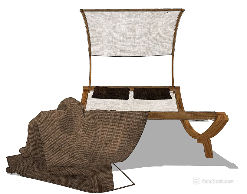 Comfortable Lounge Chair With Wooden Frame Linen Backrest Black Cushions And Brown Blanket 3d model 