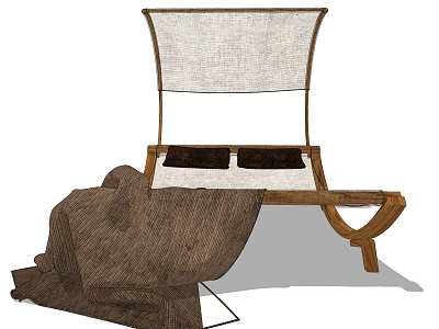 Comfortable Lounge Chair With Wooden Frame Linen Backrest Black Cushions And Brown Blanket 3d model