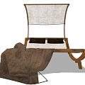 Comfortable Lounge Chair With Wooden Frame Linen Backrest Black Cushions And Brown Blanket