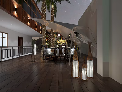 Open Space Restaurant With Wooden Structure Palm Tree Umbrella Decoration And Dining Chairs 3d model