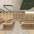 Modern Retail Store Interior With Wooden Display Tables Green Decor And Round Pendant Lights