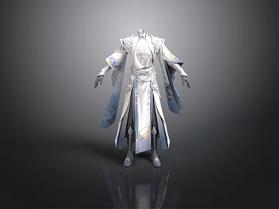 Man In Traditional White And Blue Robe With Flowing Sleeves And Ornate Details 3d model
