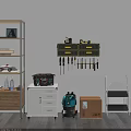 Workshop Tool Storage Setup With Wall Mounted Organizer Drawers Hanging Tools Shelves And Toolbox 3d model