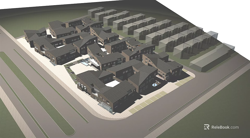 Modern Hotel Building Complex With Dark Roofs And Central Courtyard Design 3d model