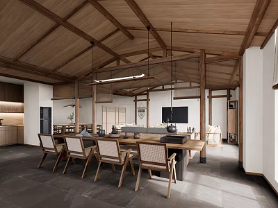 Modern Minimalist Hotel Guest Room Featuring Wooden Ceiling Hanging Lights Dark Flooring and White Walls 3d model