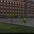 Red Brick Office Building With Multiple Windows Front Plaza Green Plants And Blue Sky