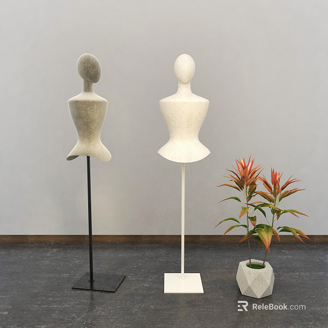 Stylish Gray And White Mannequins With Black And White Stands And Potted Plant 3d model 