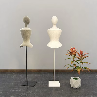 Stylish Gray And White Mannequins With Black And White Stands And Potted Plant 3d model