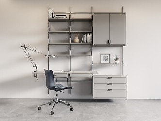 Modern aluminum alloy wall-hanging bookshelf combination desk and chair office desk and chair combination gray-white workbench study studio 3d model