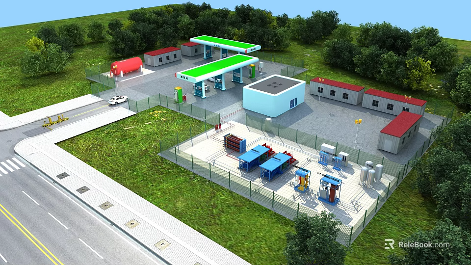 Modern Gas Filling Station With Complete Processing Equipment And Surrounding Green Natural Environment 3d model 