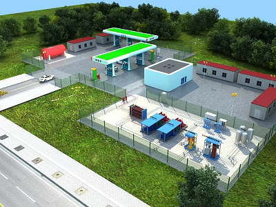 Modern Gas Filling Station With Complete Processing Equipment And Surrounding Green Natural Environment 3d model