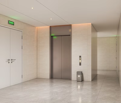 Modern Elevator Lobby With Light Tiles Exit Sign And Trash Bin 3d model