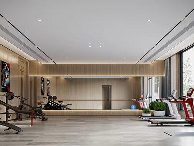 Spacious Modern Fitness Gym Interior With Treadmills Dumbbell Racks Mirror Walls And Green Plants 3d model
