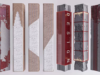Decorative Columns with Concrete Wooden Textures Red Gray Colors and Design Elements 3d model