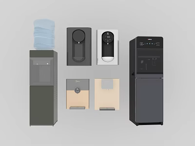 Modern Household Appliances Featuring Water Dispensers And Storage In Black Gray Styles 3d model