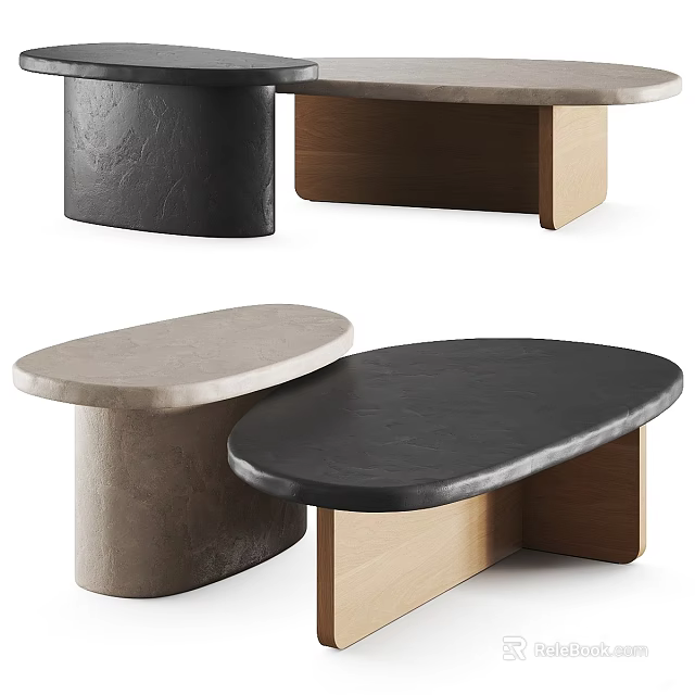 Modern Coffee Tables Featuring Black Stone And Beige Concrete Tops With Wooden Bases 3d model 
