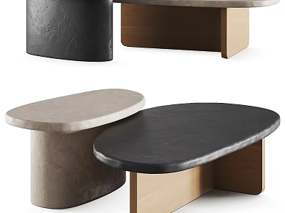 Modern Coffee Tables Featuring Black Stone And Beige Concrete Tops With Wooden Bases 3d model