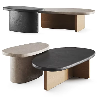 Modern Coffee Tables Featuring Black Stone And Beige Concrete Tops With Wooden Bases 3d model
