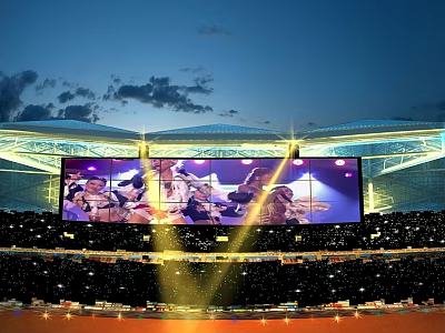 Sports Fitness Live Broadcast On Giant Screen With Bright Lighting In Evening Stadium 3d model