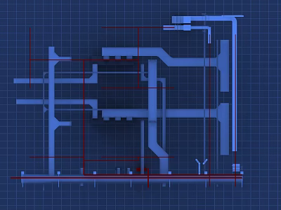 Gray Pipe System Design With Architectural Blueprint Red Lines And Blue Background 3d model
