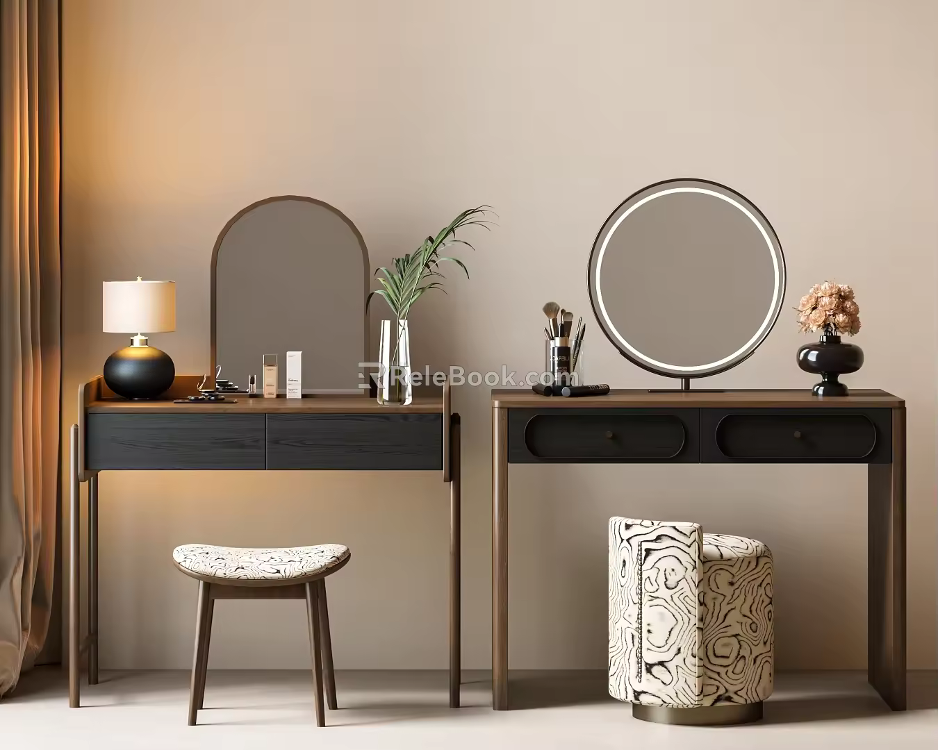Modern Middle Ancient Dressing Table Dressing Chair Dressing Mirror Makeup Table Makeup Stool Combination Middle Ancient Side Table Lamp Dressing Table 3d model