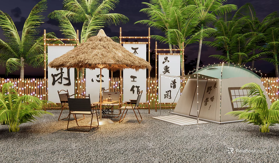 Scenic Campsite With Thatched Pavilion Tent Palm Trees And String Lanterns Near Chinese Character Banners 3d model 