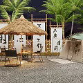 Scenic Campsite With Thatched Pavilion Tent Palm Trees And String Lanterns Near Chinese Character Banners