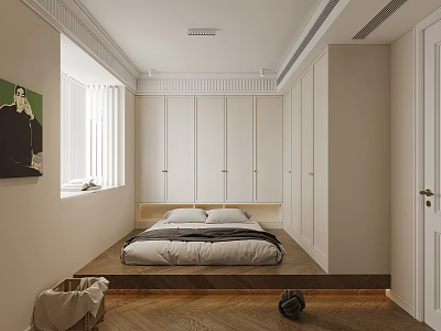 Tatami Bedroom Interior Design With Built in Wardrobes Natural Light And Wooden Floor 3d model