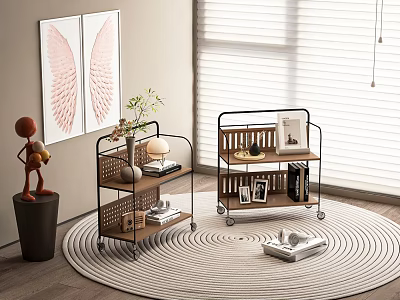 Modern Multi tiered Side Tables With Wheels Metal Frame And Wooden Shelves In Living Room 3d model