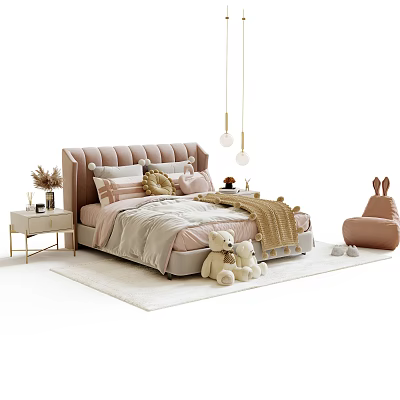 Cozy Kids Children's Bed With Soft Tufted Headboard Stuffed Toys And Pendant Lights 3d model