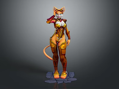 Anthropomorphic Cat Character In Golden Armor With Orange Accents Standing On Stone Base 3d model