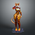 Anthropomorphic Cat Character In Golden Armor With Orange Accents Standing On Stone Base
