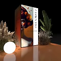 Elegant Fashion Runway Featuring Orange Stage Green Plants Round Lights and Poster with Female Figure