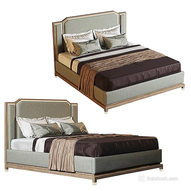 Modern Double Bed With Gray Fabric Headboard And Brown Bedspread Pillows 3d model