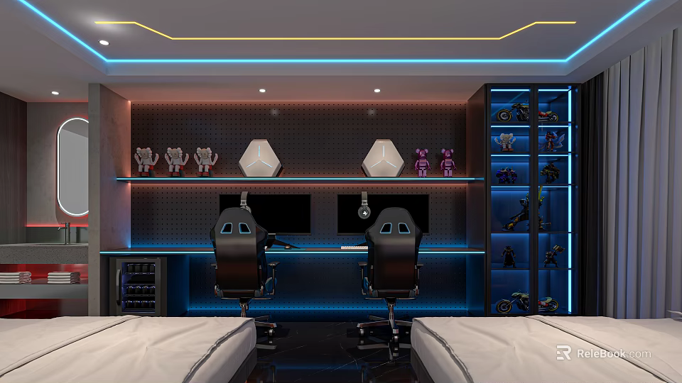 Modern Hotel Room With Gaming Chairs Dual Monitors Trophies Decorations LED Lights And Shoe Rack 3d model 