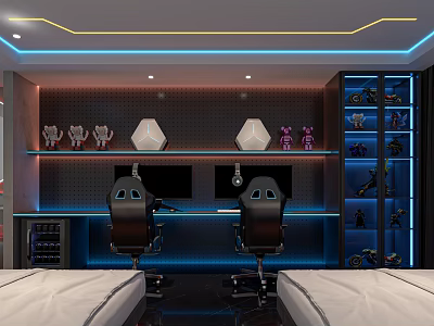Modern Hotel Room With Gaming Chairs Dual Monitors Trophies Decorations LED Lights And Shoe Rack 3d model