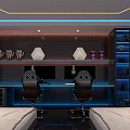 Modern Hotel Room With Gaming Chairs Dual Monitors Trophies Decorations LED Lights And Shoe Rack
