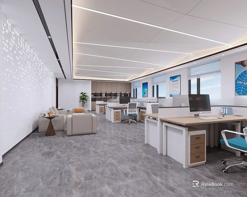 Spacious Bright Modern Public Office Area With Natural Light Orderly Workstations And Cozy Lounge Space 3d model 