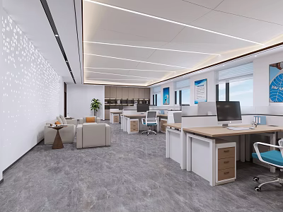 Spacious Bright Modern Public Office Area With Natural Light Orderly Workstations And Cozy Lounge Space 3d model