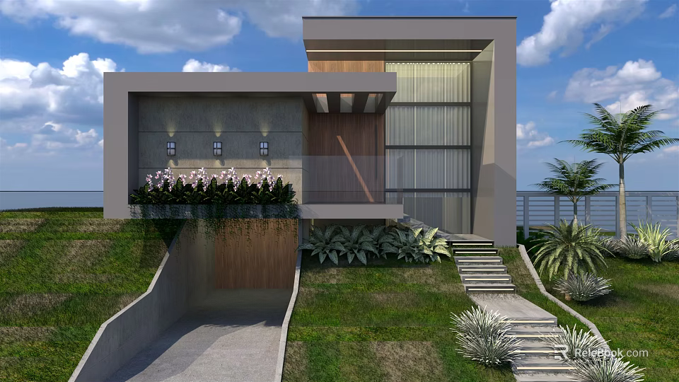 Modern Single-family Villa Exterior Design With Grass Steps Lush Plants And Wooden Entrance 3d model 