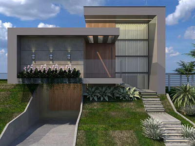 Modern Single-family Villa Exterior Design With Grass Steps Lush Plants And Wooden Entrance 3d model