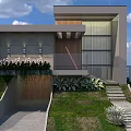 Modern Single-family Villa Exterior Design With Grass Steps Lush Plants And Wooden Entrance