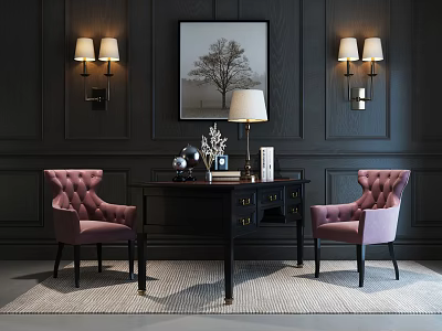 Dark Wood Desk With Wall Lamps Tree Painting Pink Armchairs Table Lamp Books Decorations And Rug 3d model